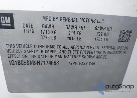 2017 Chevrolet Cruze Ls Auto из США, поврежденный, VIN 1G1BC5SM9H7174688